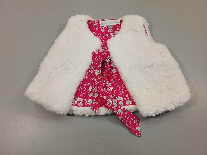 Neuf, gilet berger en teddy blanc réversible jersey rose fleurs blanches C&Cie, moins cher chez Petit Kiwi