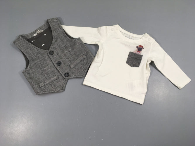 T-shirt m.l blanc poche chien + gilet s.m, moins cher chez Petit Kiwi