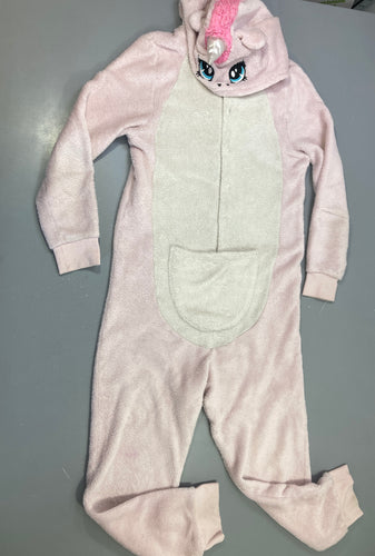 Pyjama combinaison licorne rose grisée, capuche corne brodée, duveteux, poche ventrale, moins cher chez Petit Kiwi