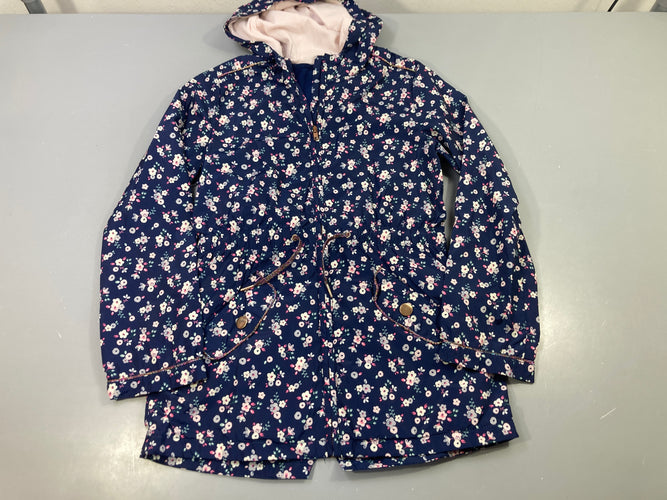 Veste 2 en 1 coupe vent à capuche bleu marine, fleurs blanches/roses avec gilet s.m intégré zippé amovible, moins cher chez Petit Kiwi