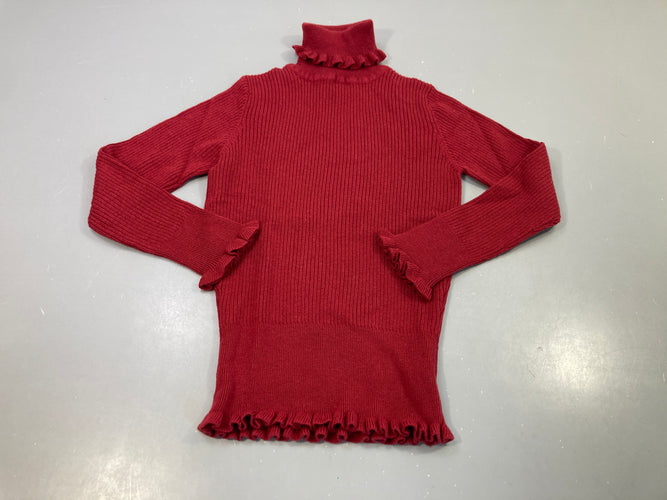 Pull ml mailles côtelées rouge, petits volans au bas du pull, au col et au poignets 10% cachemire, moins cher chez Petit Kiwi