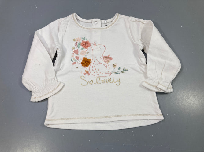 T-shirt m.l blanc, écureuil , fleurs en reliefs, très légèrement bouloché, moins cher chez Petit Kiwi