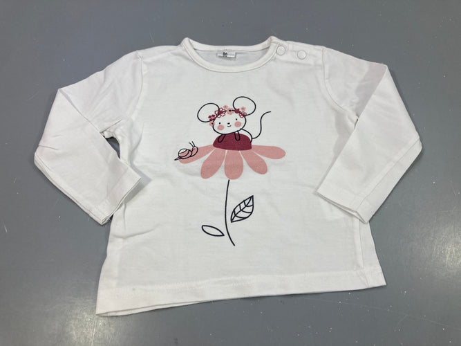 T-shirt m.l blanc , souris sur une fleur, moins cher chez Petit Kiwi