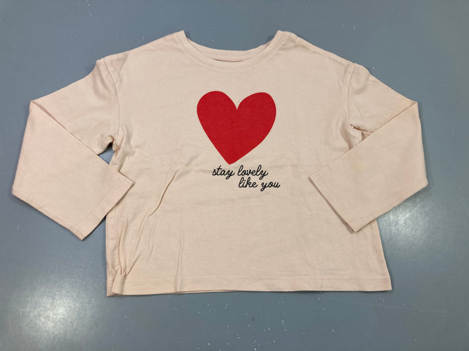 T-shirt m.l rose, coeur rouge "stay lovely like you", trèslégèrement bouloché, moins cher chez Petit Kiwi