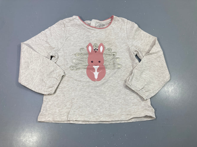 T-shirt m.l gris clair flammé  lapin rose avec plumes de paon argenté, moins cher chez Petit Kiwi