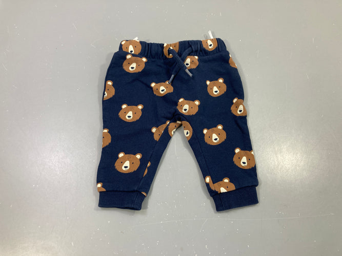 Pantalon molleton bleu marine ,têtes d'ours , taille et chevilles élastiques, intérieur doux et chaud, moins cher chez Petit Kiwi