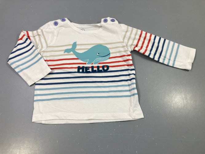 T-shirt m.l blanc rayures colorées, baleine "Hello", moins cher chez Petit Kiwi