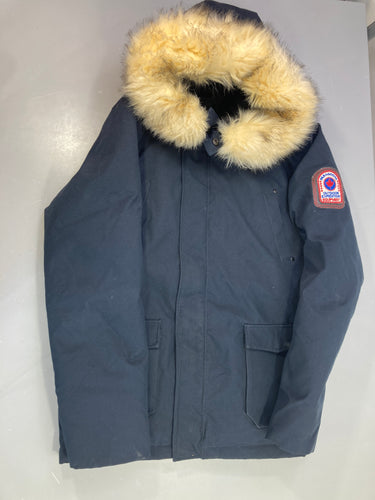 Parka capuche bleu marine fausse fourrure écrue, écusson brodé, ParaGoose, moins cher chez Petit Kiwi
