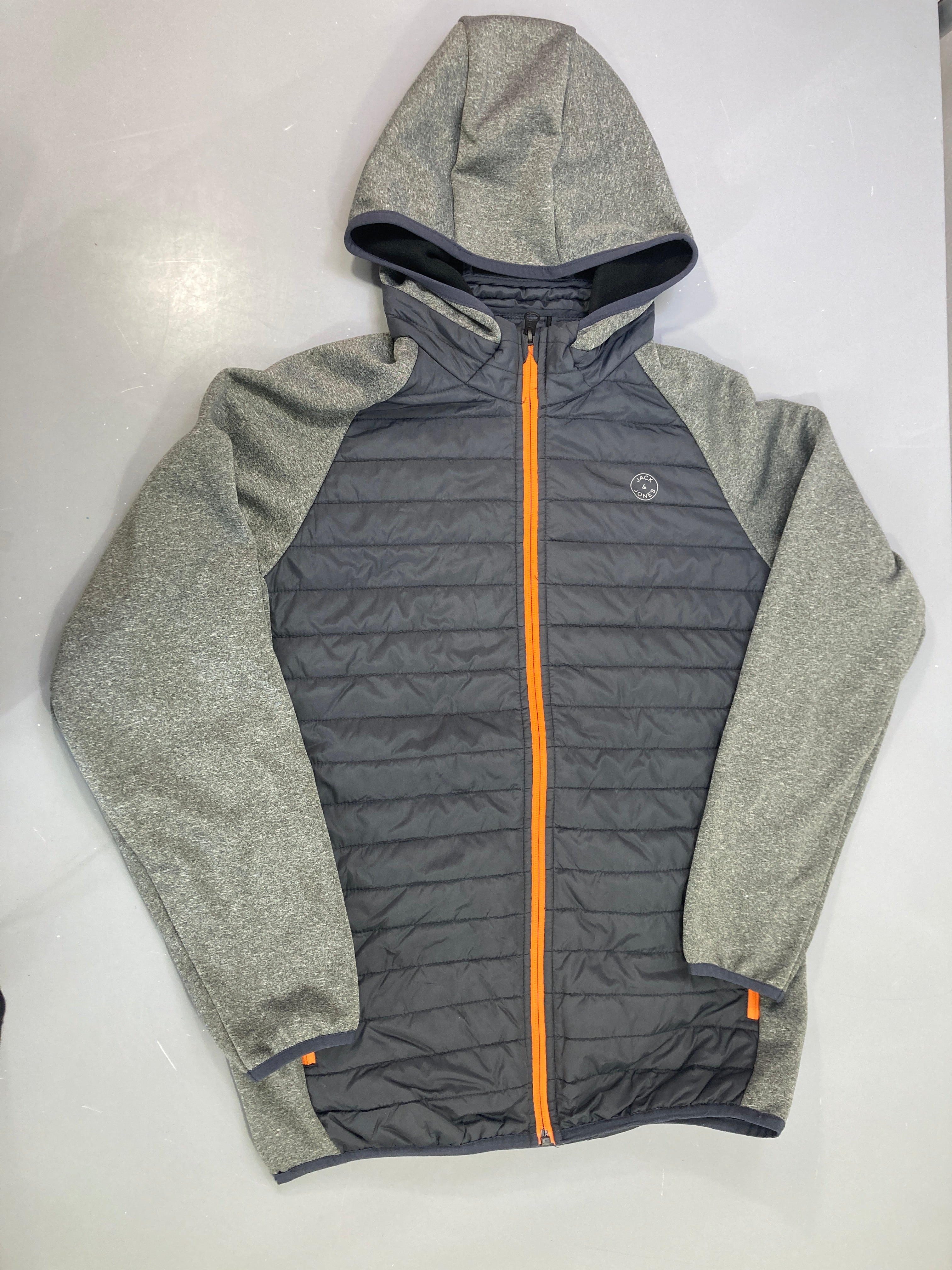 Veste zippée capuche gris anthracite, molleton, zip orange