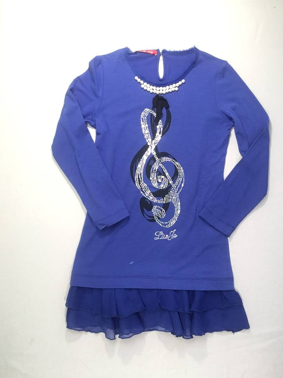 Robe m.l jersey bleu Clé de sol strass-perles tulle bas-Légèrement bouloché-Liu-jo