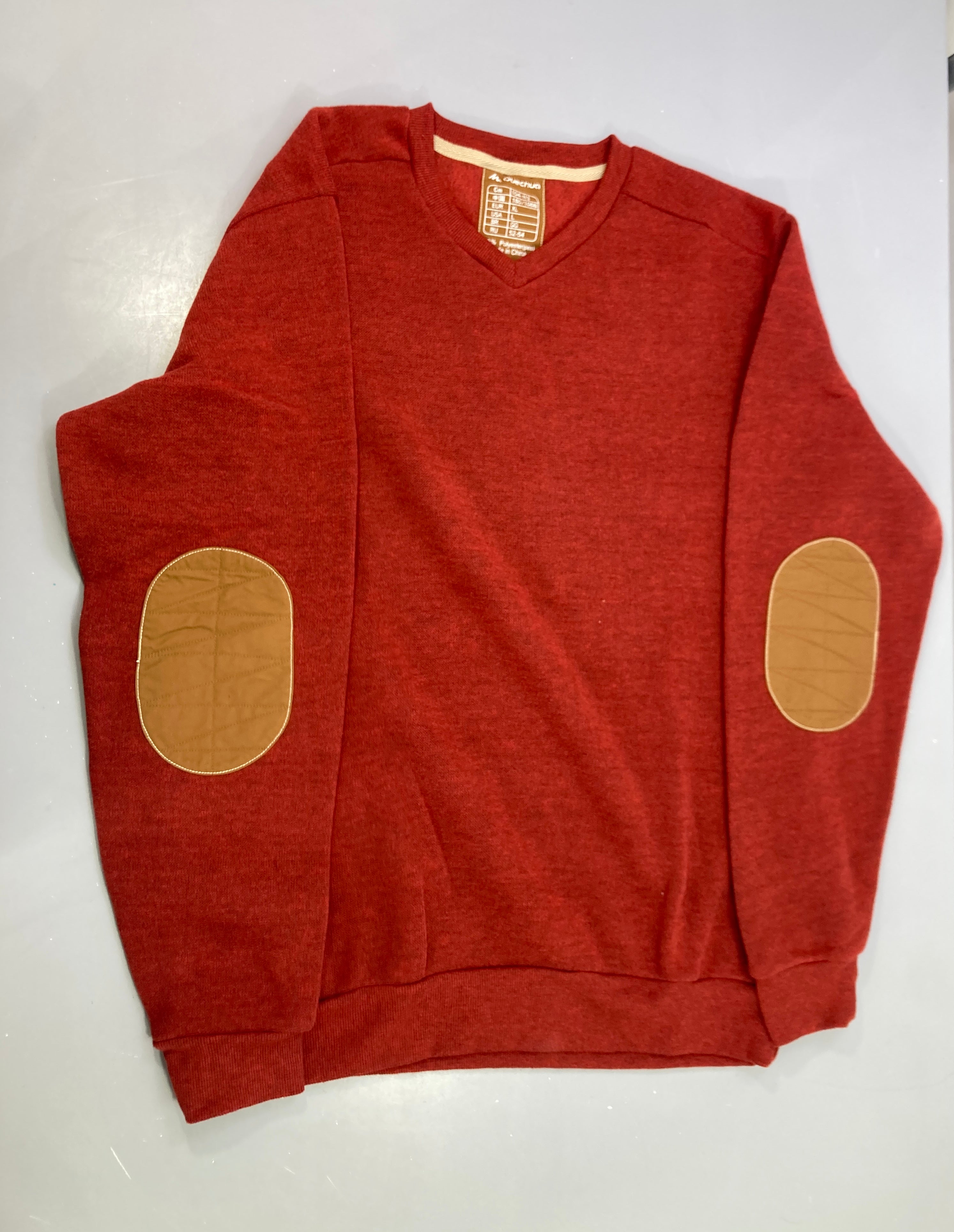 Pull col V rouge chiné, coudières, Quechua