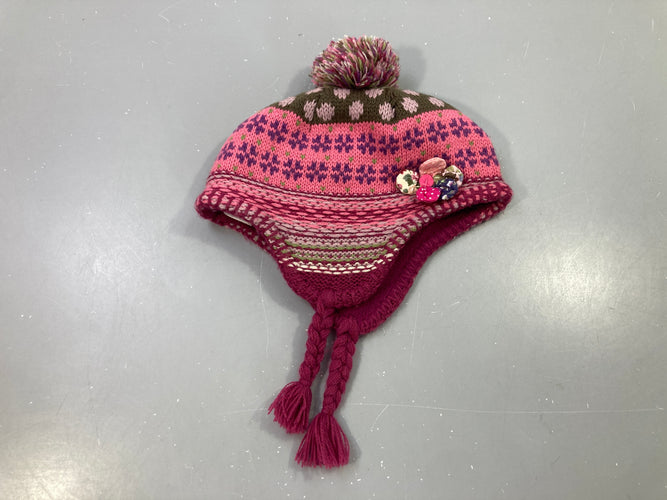 Bonnet tricoté rose prune fleurs à pompon, oreillettes, 0-12m, moins cher chez Petit Kiwi