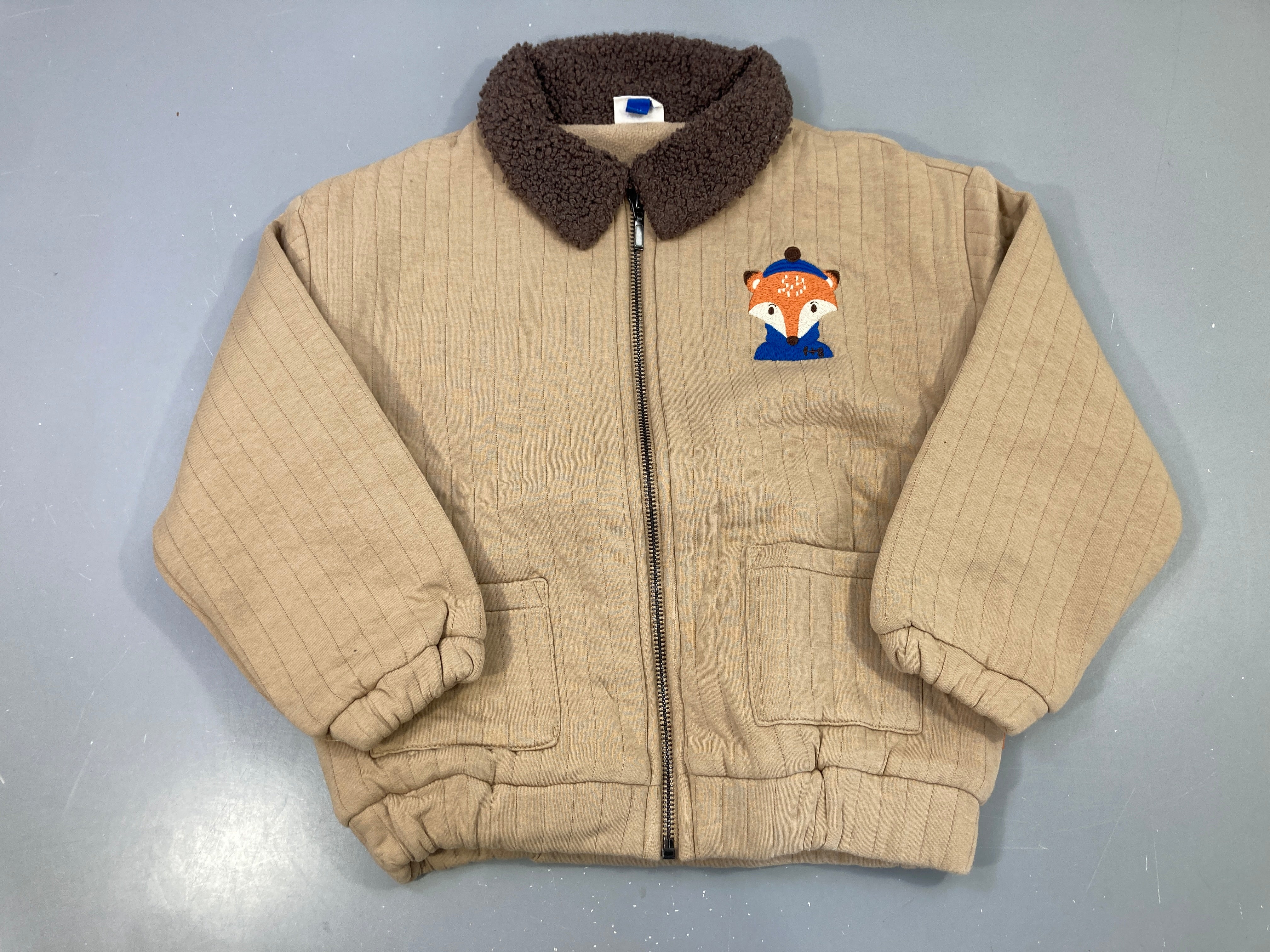Veste zippée beige matelassée col sherpa marron, patch renard, Fred+ginger