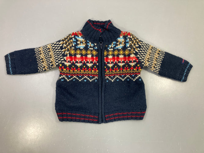 Gilet zippé marine jacquard multicolore, 20% laine doublé polar, un peu bouloché, moins cher chez Petit Kiwi