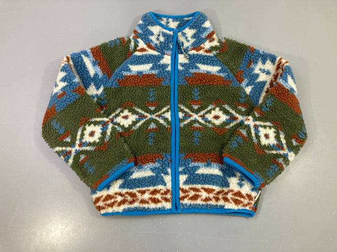 Polaire zippée sherpa imprimé aztèque bleu vert marron, Ayacucho, légèrement bouloché, moins cher chez Petit Kiwi