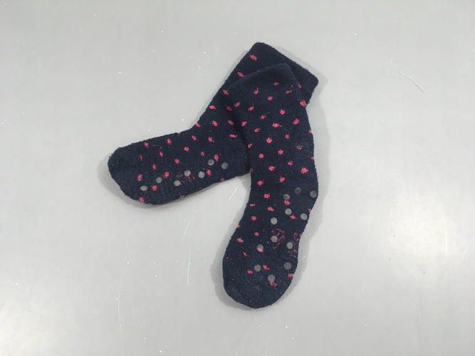 Chaussettes chaudes antidérapantes bleu foncé pois fuschias, moins cher chez Petit Kiwi