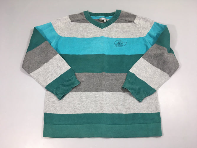 Pull col V gris rayé turquoise, moins cher chez Petit Kiwi