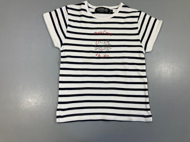 T-shirt m.c blanc rayé bleu foncé petits coeurs strass, légèrement bouloché, moins cher chez Petit Kiwi