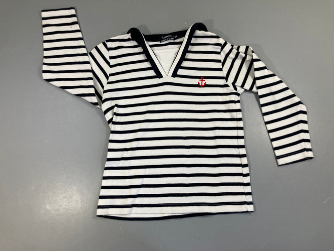 Sweat blanc rayé bleu foncé col marin, légèrement bouloché, moins cher chez Petit Kiwi