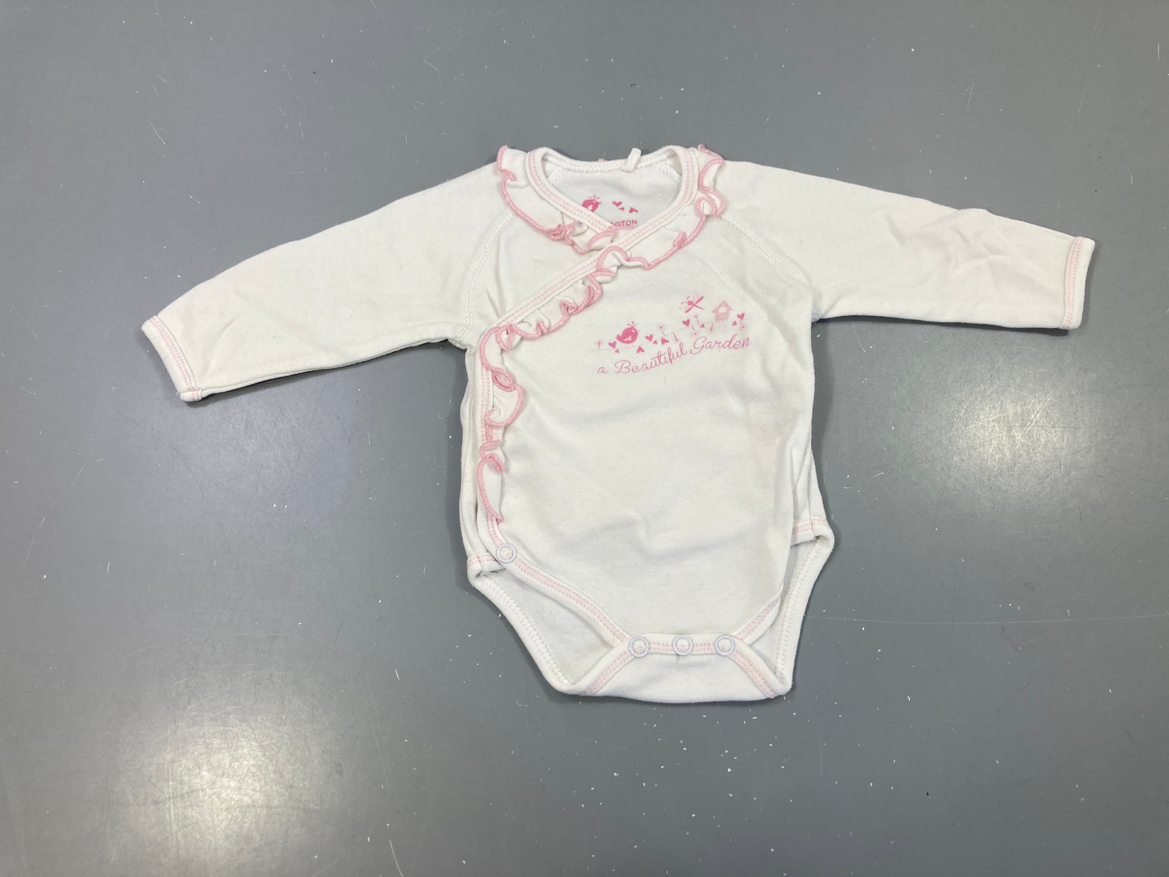 Body m.l blanc bordure rose froufrou imprimé oiseau, bouloché