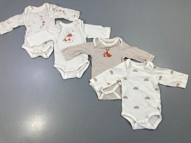 Lot de 4 bodies m.l écrus imprimés lapins, nuages, maisons, moins cher chez Petit Kiwi
