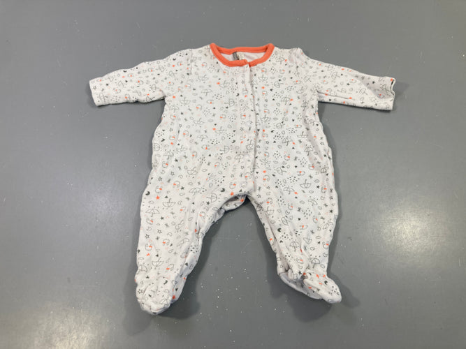 Pyjama jersey blanc parapluies étoiles nuages, bordure orange, légèrement bouloché, moins cher chez Petit Kiwi
