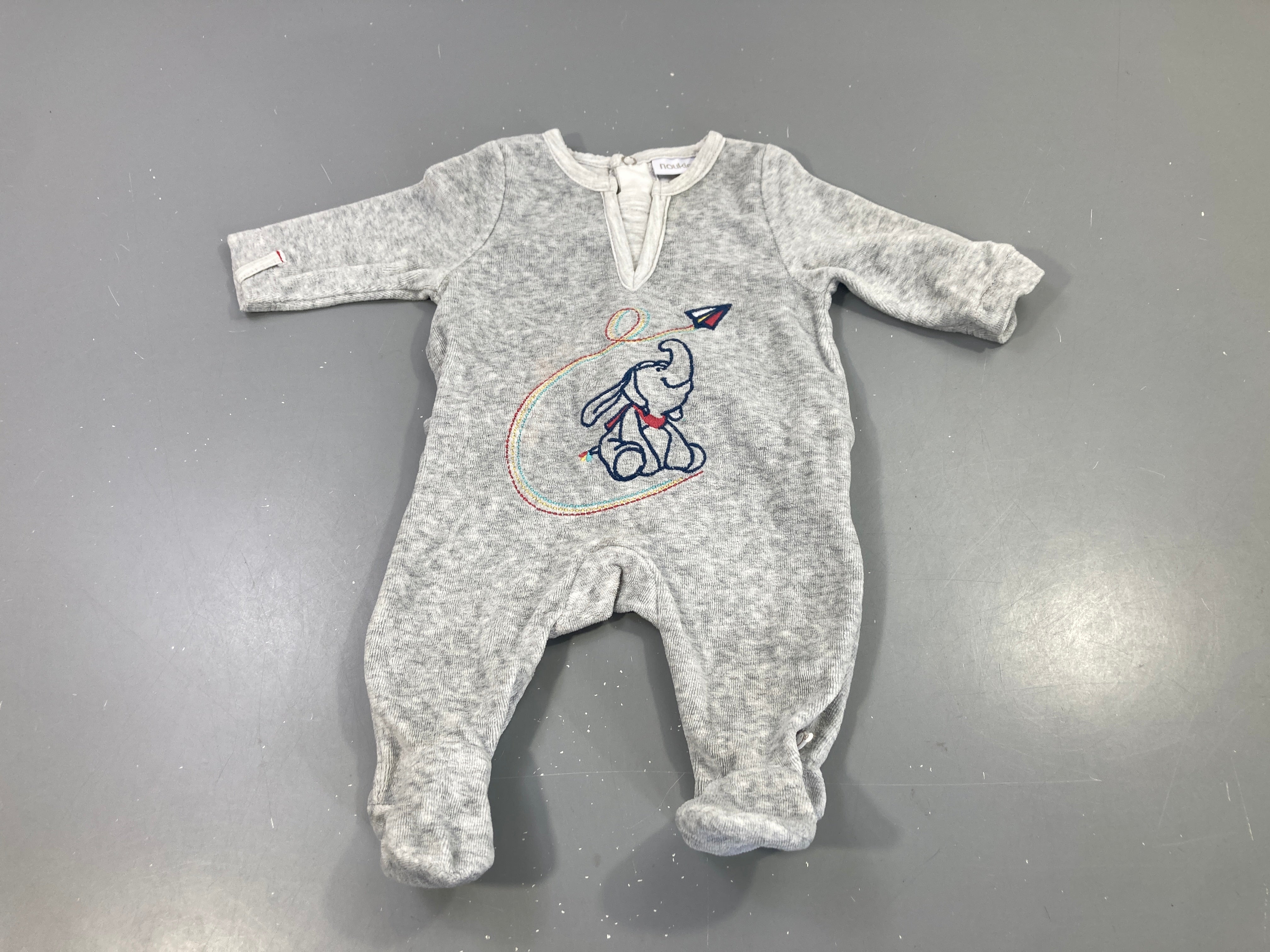 Pyjama velours gris chiné brodé éléphant avion
