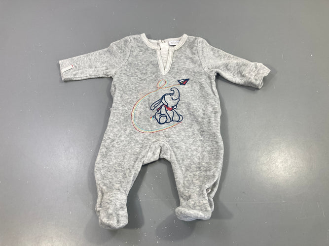 Pyjama velours gris chiné brodé éléphant avion, moins cher chez Petit Kiwi