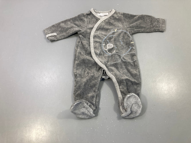 Pyjama velours gris chiné, bordure rayée, moins cher chez Petit Kiwi