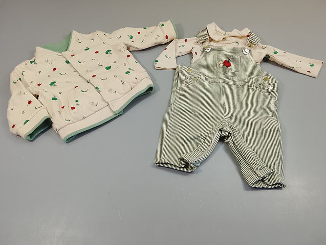 Ensemble salopette rayée écru, vert+ body m.c écru motifs légumes+ sweat à pression réversible écru motifs légumes/ vert, moins cher chez Petit Kiwi