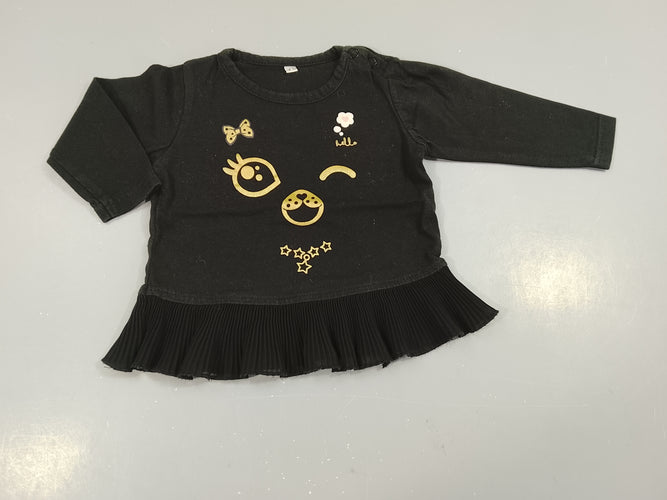 T-shirt m.l noir, volant sur le dessous, tête d'animal doré, moins cher chez Petit Kiwi