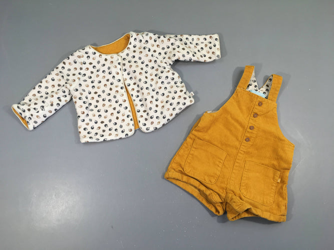 Gilet jersey réversible blanc hérissons/jaune + salopette short velours côtelé, moins cher chez Petit Kiwi