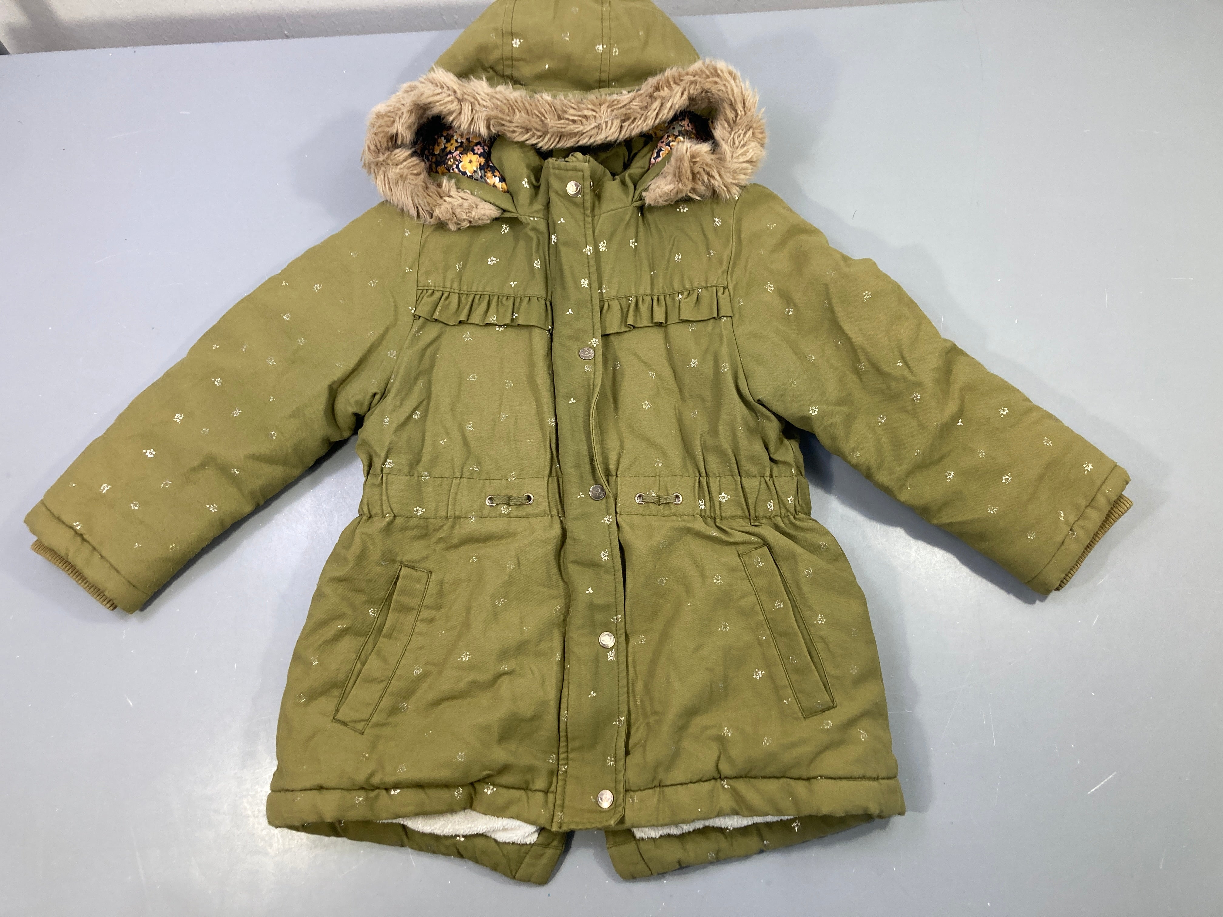 Manteau 3en1 kaki fleurs capuche fourrure, bodywarmer amovible
