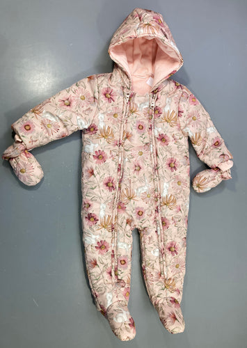 Combi pilote rose à fleurs intérieur velours, moufles, moins cher chez Petit Kiwi