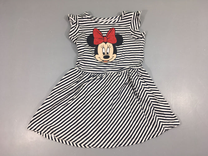 Robe s.m jersey blanc rayé bleu marine Minnie, moins cher chez Petit Kiwi
