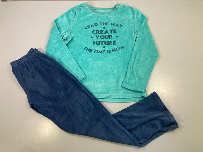 Pyjama 2pcs velours turquoise bleu marine texte, moins cher chez Petit Kiwi