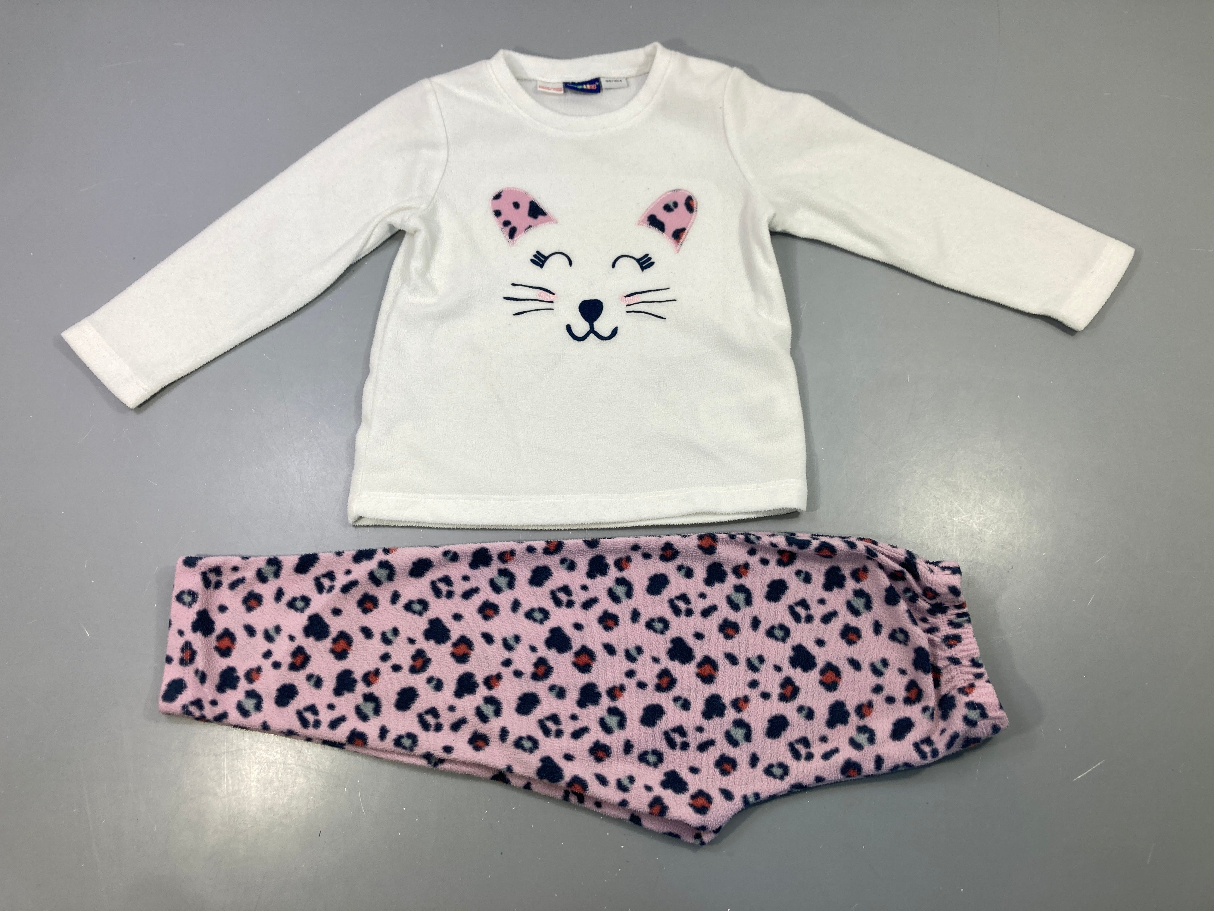 Pyjama 2pcs blanc chat, bas léopard rose