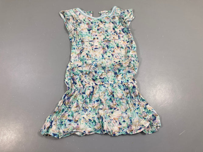 Robe m.c imprimé blanc/bleu/vert/mauve, taille estimée, moins cher chez Petit Kiwi