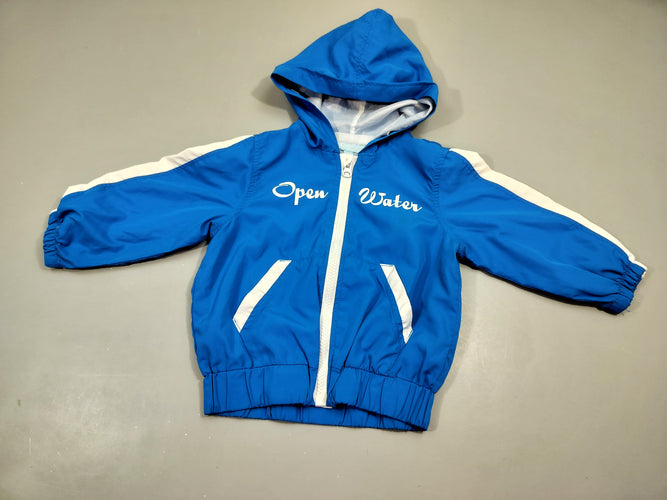 Veste zippée légère à capuche style coupe- vent  bleu et blanc " open water" 100% polyester, moins cher chez Petit Kiwi