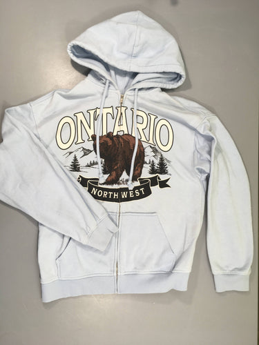 Sweat zippé à capuche bleu clair Ours Ontario légèrement bouloché, moins cher chez Petit Kiwi