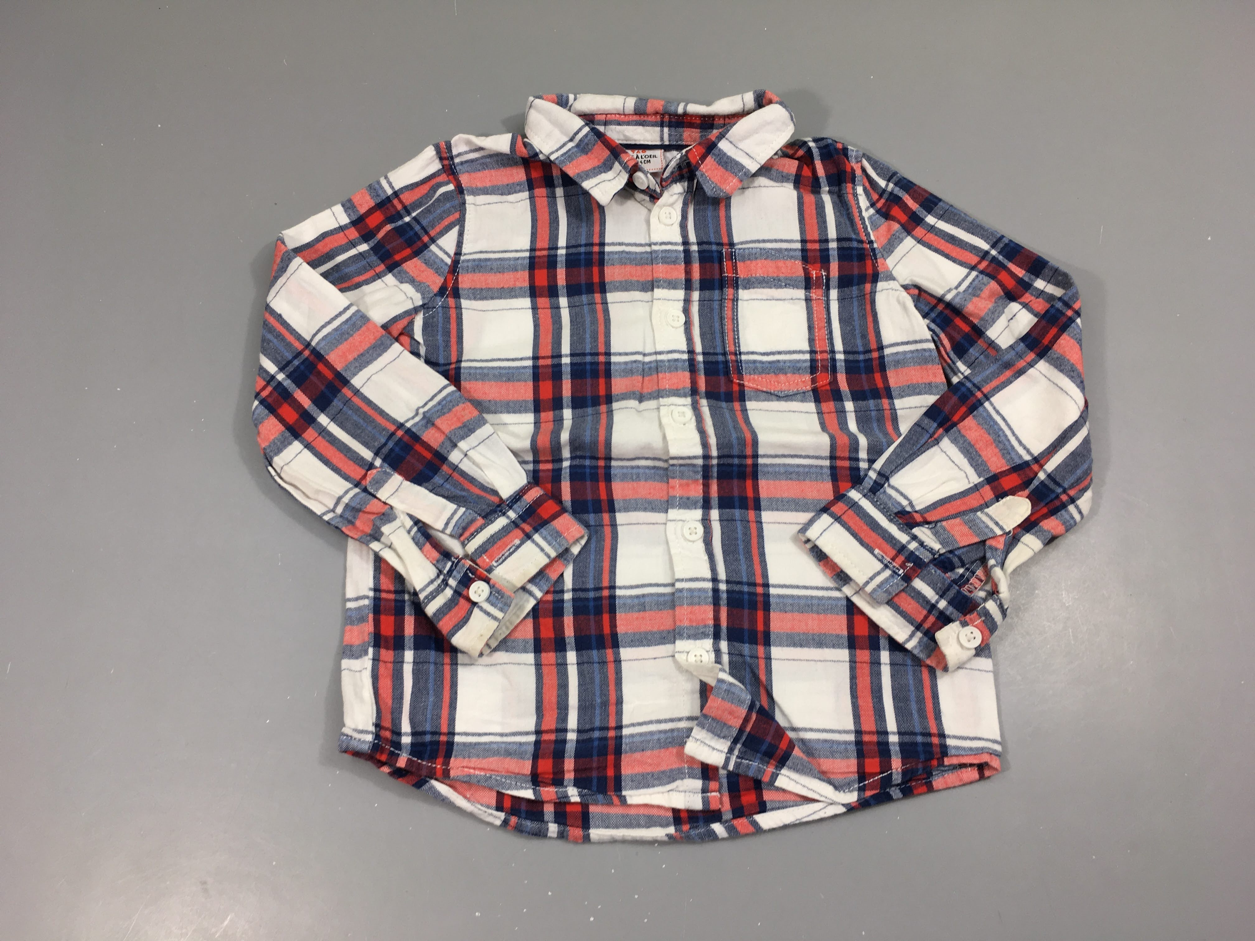 Chemise m.c blanche à carreaux bleu/orange