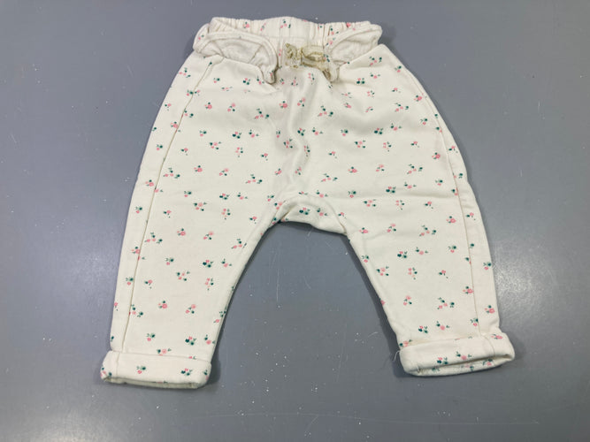 Pantalon molleton écru fleuri rose, nœud doré, moins cher chez Petit Kiwi