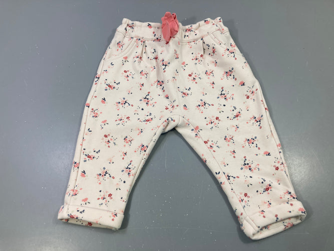 Pantalon molleton écru fleuri rose, nœud corail, légèrement bouloché, moins cher chez Petit Kiwi
