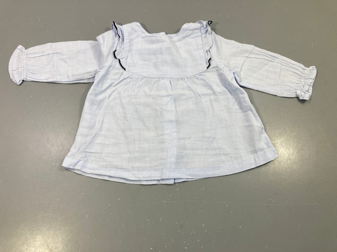 Blouse m.l bleu ciel, col volanté liseré noir, moins cher chez Petit Kiwi