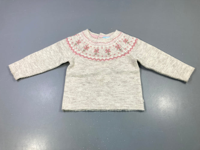 Pull m.l beige chiné motifs fleurs roses et or, souillé aux manches, bouloché, moins cher chez Petit Kiwi