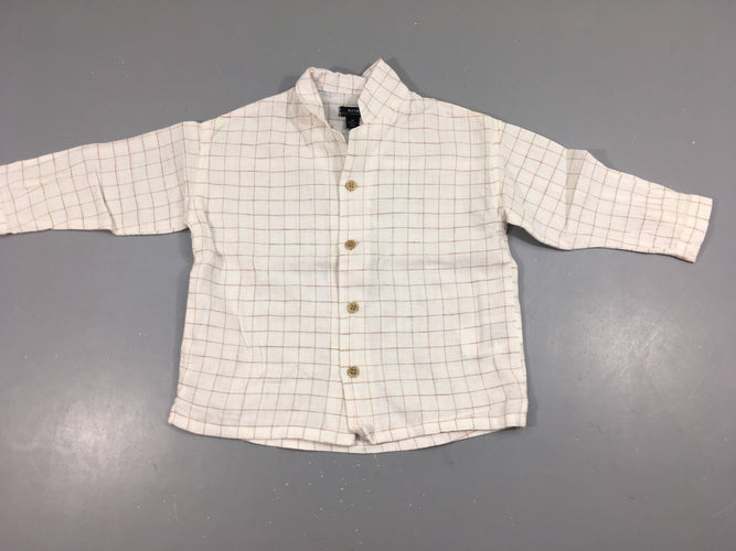 Chemise m.l blanc carreaux bruns, 52% lin, moins cher chez Petit Kiwi
