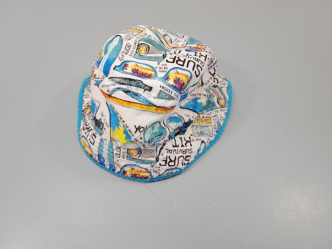 Chapeau d'été réversible blanc avec dessin et inscriptions / orange et bleu, moins cher chez Petit Kiwi