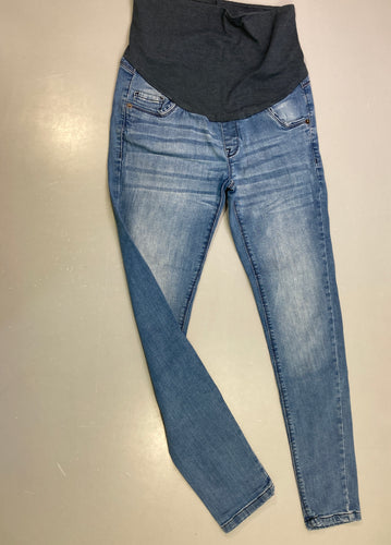 Jean skinny grossesse denim bleu clair bandeau ventre gris, moins cher chez Petit Kiwi