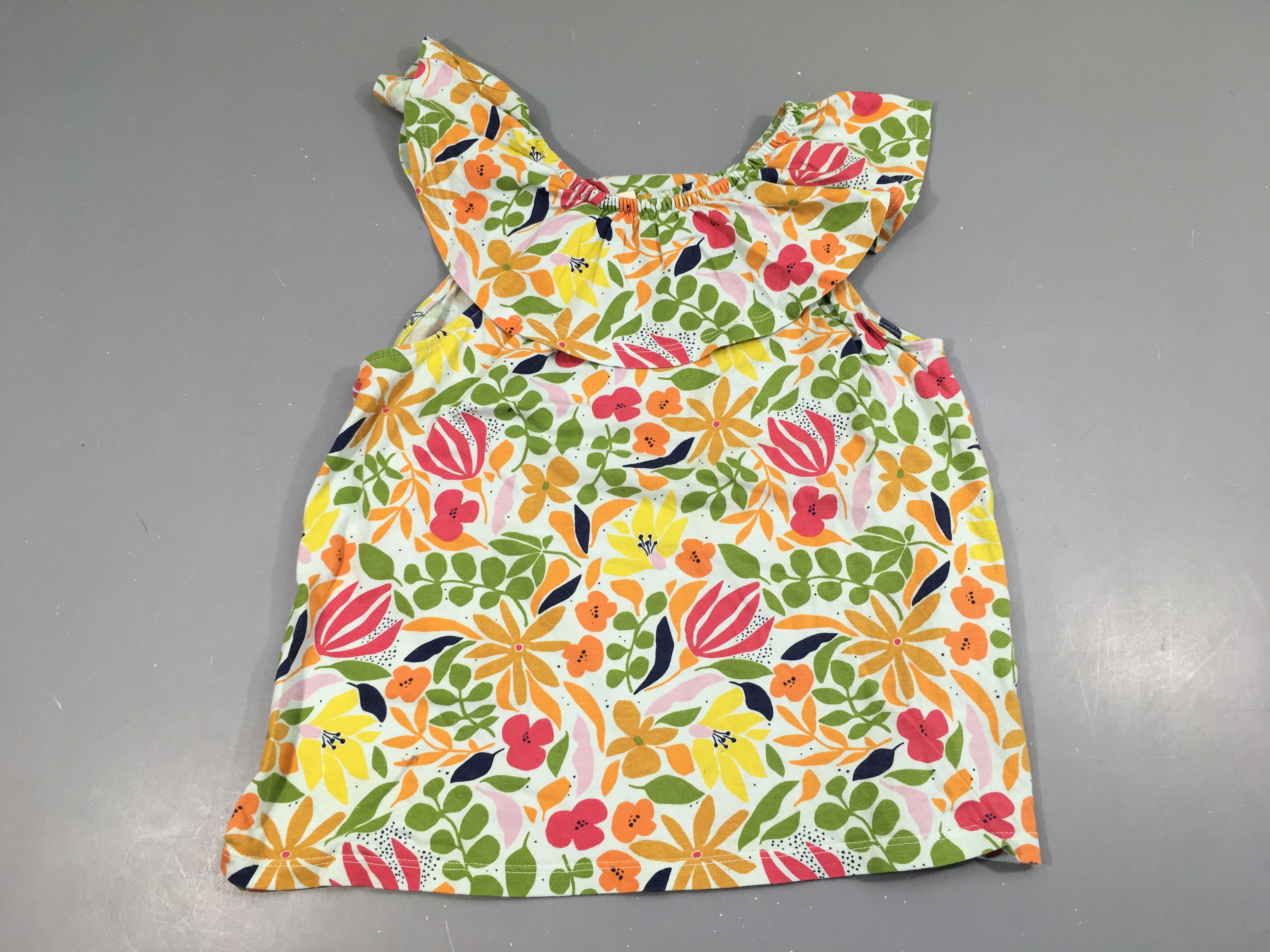 T-shirt m.c blanc fleuri vert-jaune orange col élastique