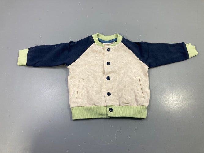 Gilet bomber écru chiné manches marine, bords verts, moins cher chez Petit Kiwi